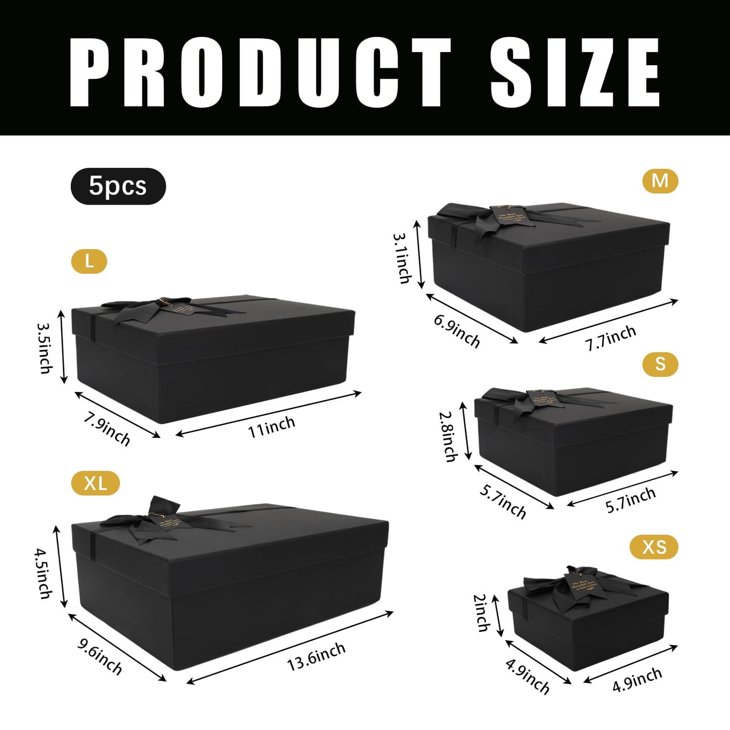 5 Pack Black Nested Gift Boxes with Lid for Valentine's Presents, Luxury Packaging with Ribbon Bows and Gift Labels for Thanksgiving, Birthdays, Weddings, and Mother's Day, 5 Sizes Included (13.6" to 4.9")