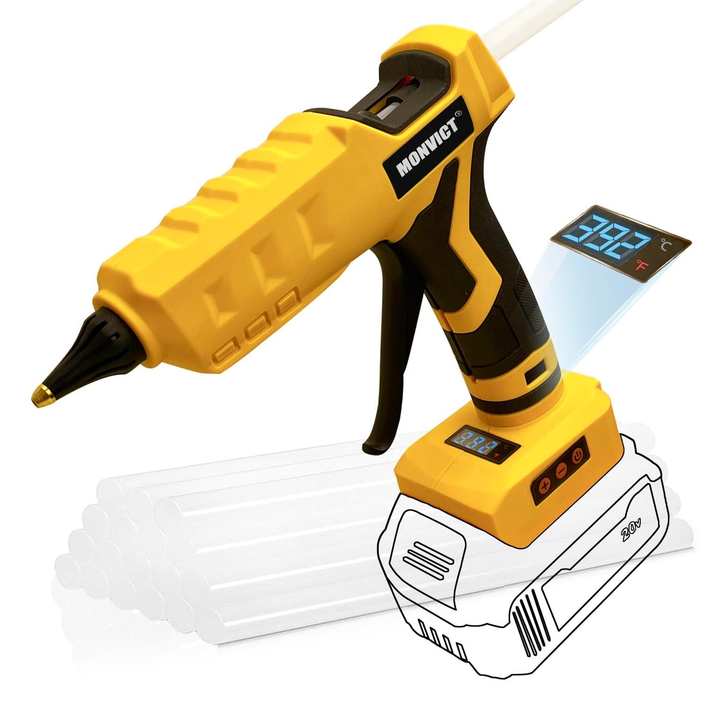 MONVICT Cordless Glue Gun for Dewalt 20V Battery, Upgraded 100W Digital Temperature Adjustable Handheld Electric Power Full Size Heavy Duty Hot Glue Gun with 10 Glue Sticks (Battery Not Included)