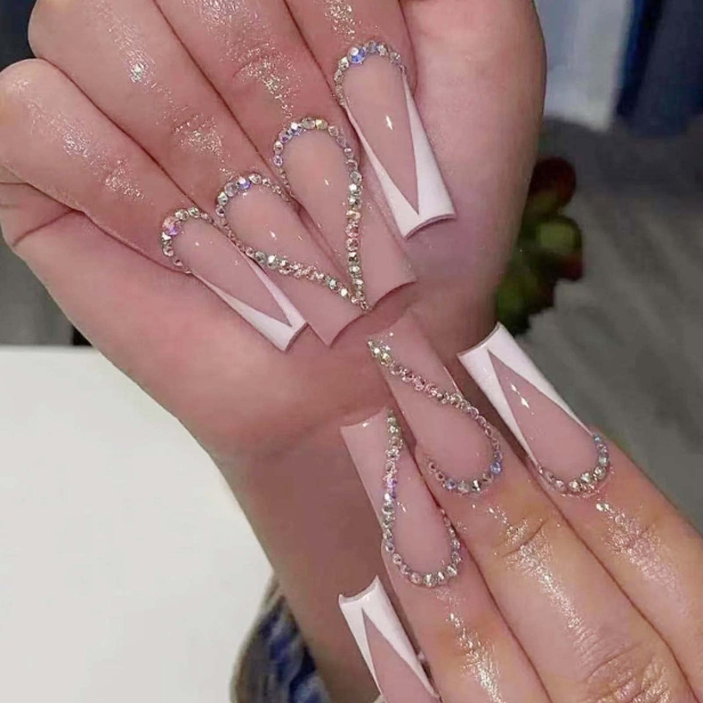 DANMANR Long Press on Nails Square French Fake Nails Full Cover Nude Acrylic False Nails for Women and Girls 24PCS (Coffin Rhinestones Multicolor)