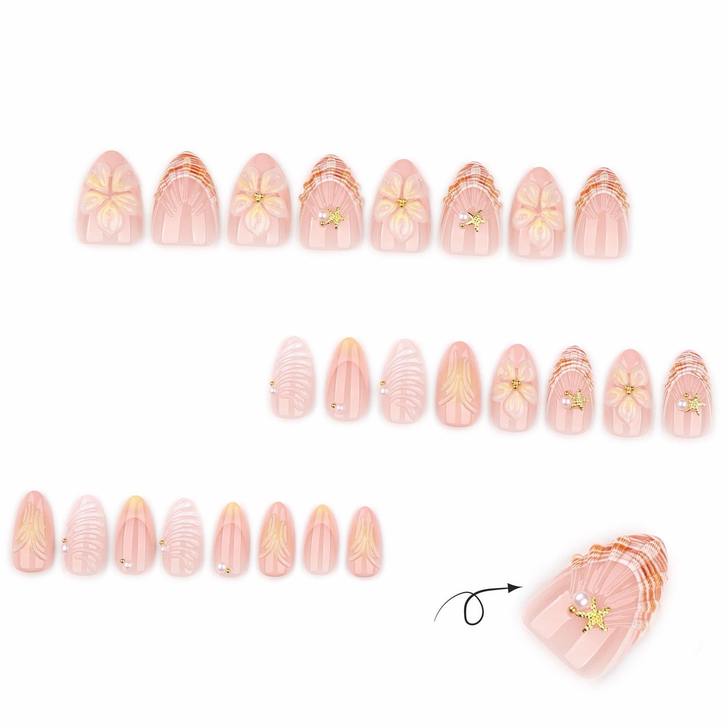 CTTHNBD Almond Press on Nails Short - Summer Fake Nails with Shell Starfish Design - French Tip, Flower False Nails for Women - 24 Pcs