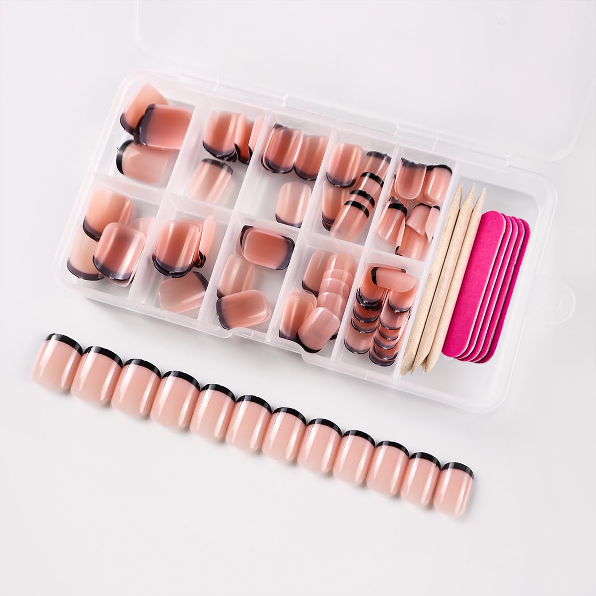 120 Pcs French Tip Press on Nails Short Square Fake Nails Black French Tip False Nails Full Cover Acrylic Glue on Nail Nude Pink Artificial Stick on Nail for Women Manicure