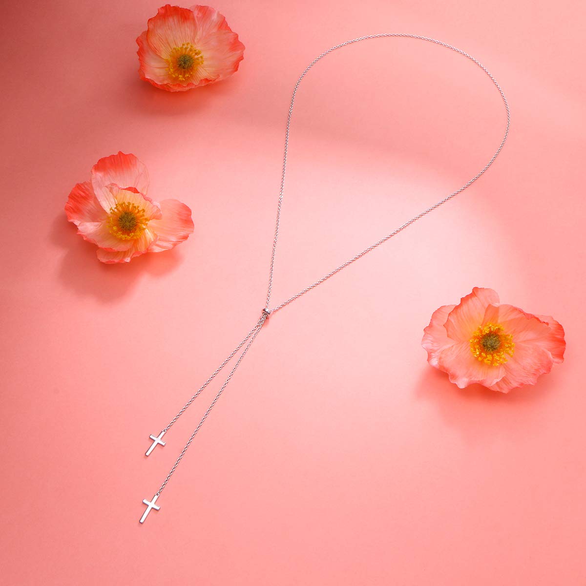 FLYOW Long Chain Dainty Necklace Simple Style 925 Sterling Silver Heart Pendant Adjustable Y Shaped Necklace Jewelry (Cross)