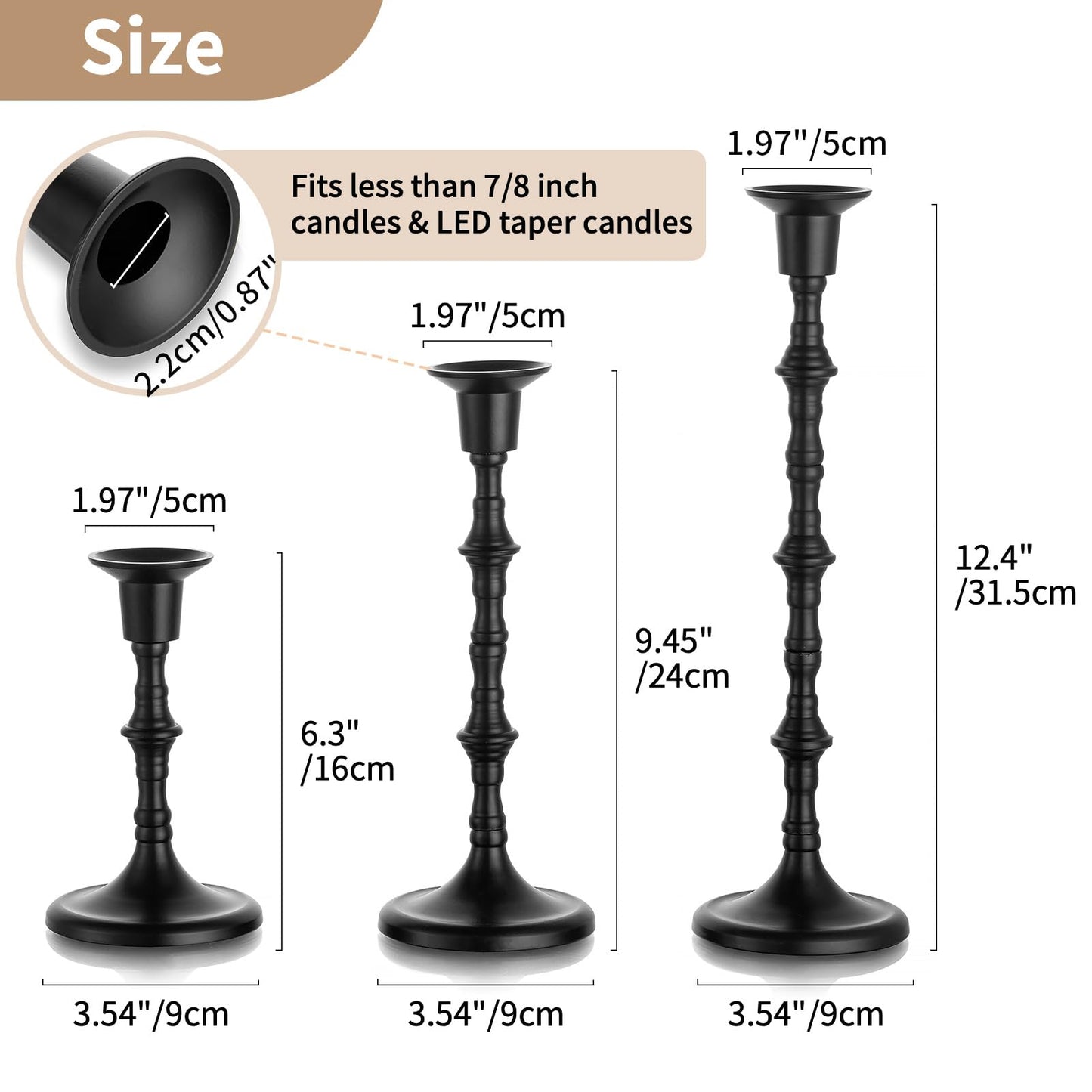 Nuptio Black Candle Holder for Candlestick: Set of 3 Gothic Taper Candle Stick Holders - Tall Metal Candleholders for Halloween Christmas Fireplace Dining Room Table Centerpieces
