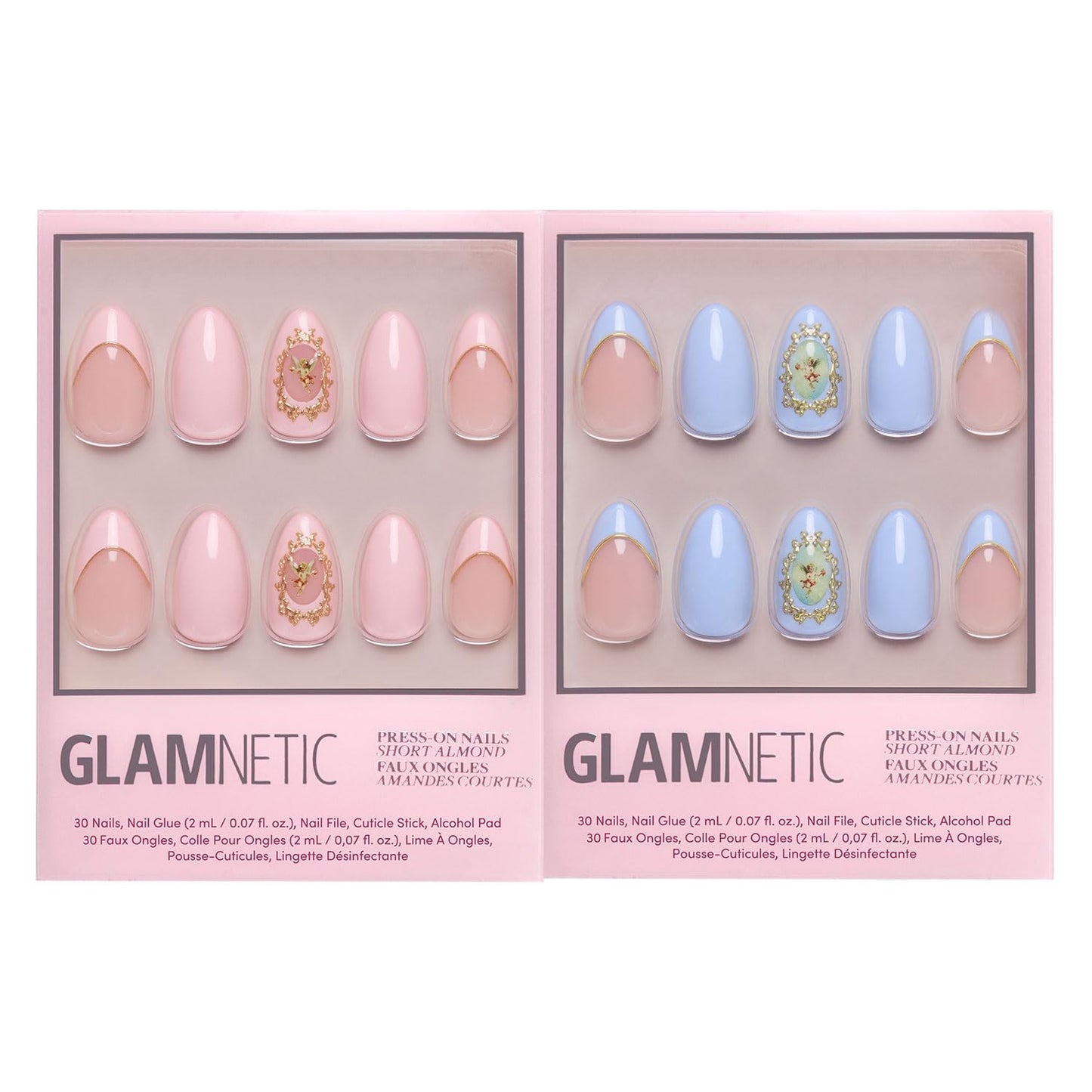 Glamnetic Press-On Nails Bundle - Heaven Sent | 2 Short Almond Fake Nails with 3D Angel Vintage-Inpsired Designs in a Glossy Finish | Durable, Salon-Quality Nail Kits