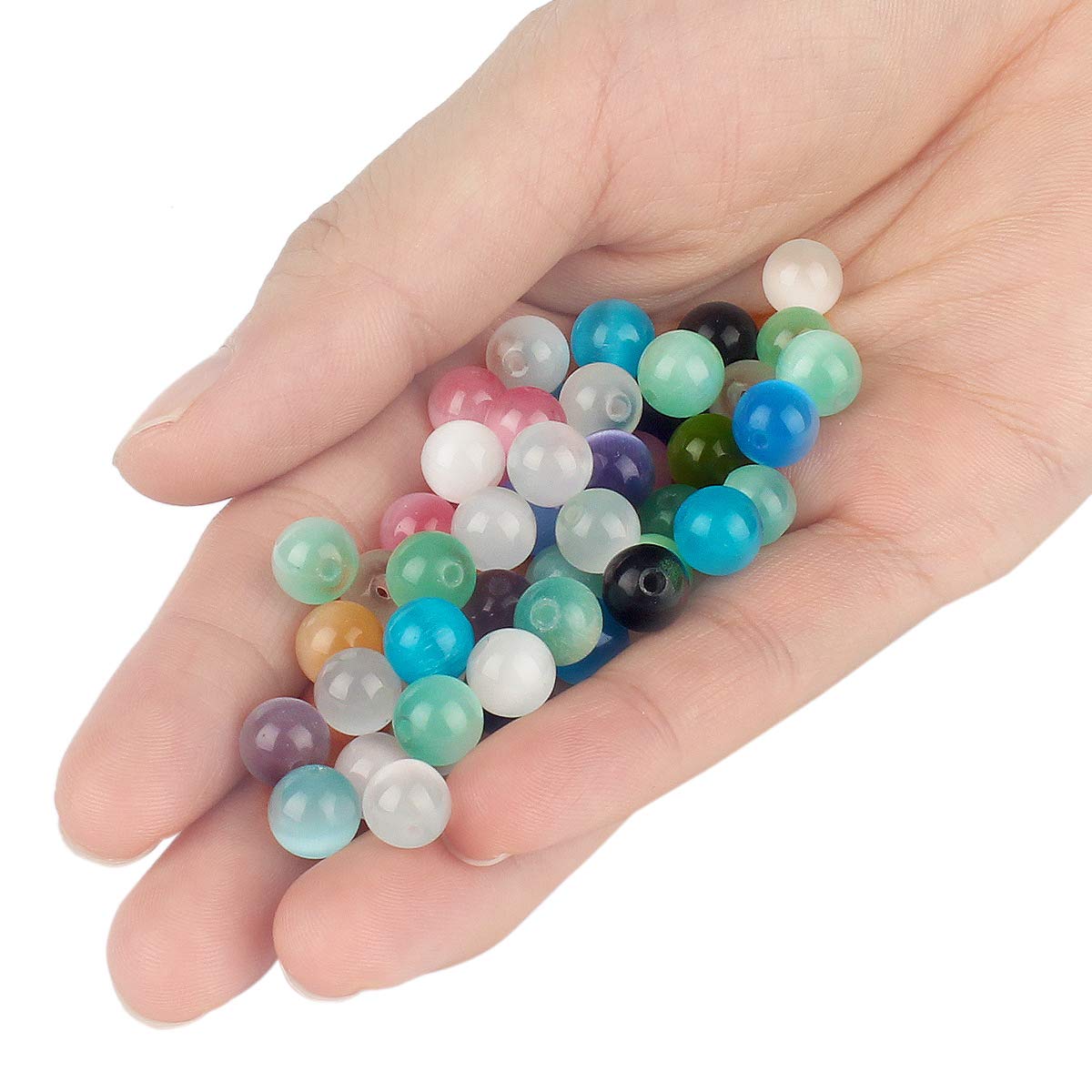 70PCS Natural 8MM Healing Gemstone, Synthetic Cat’s Eye Energy Stone Round Loose Beads, Semi-Precious Crystal Beads with Free Elastic String for Jewelry Making DIY
