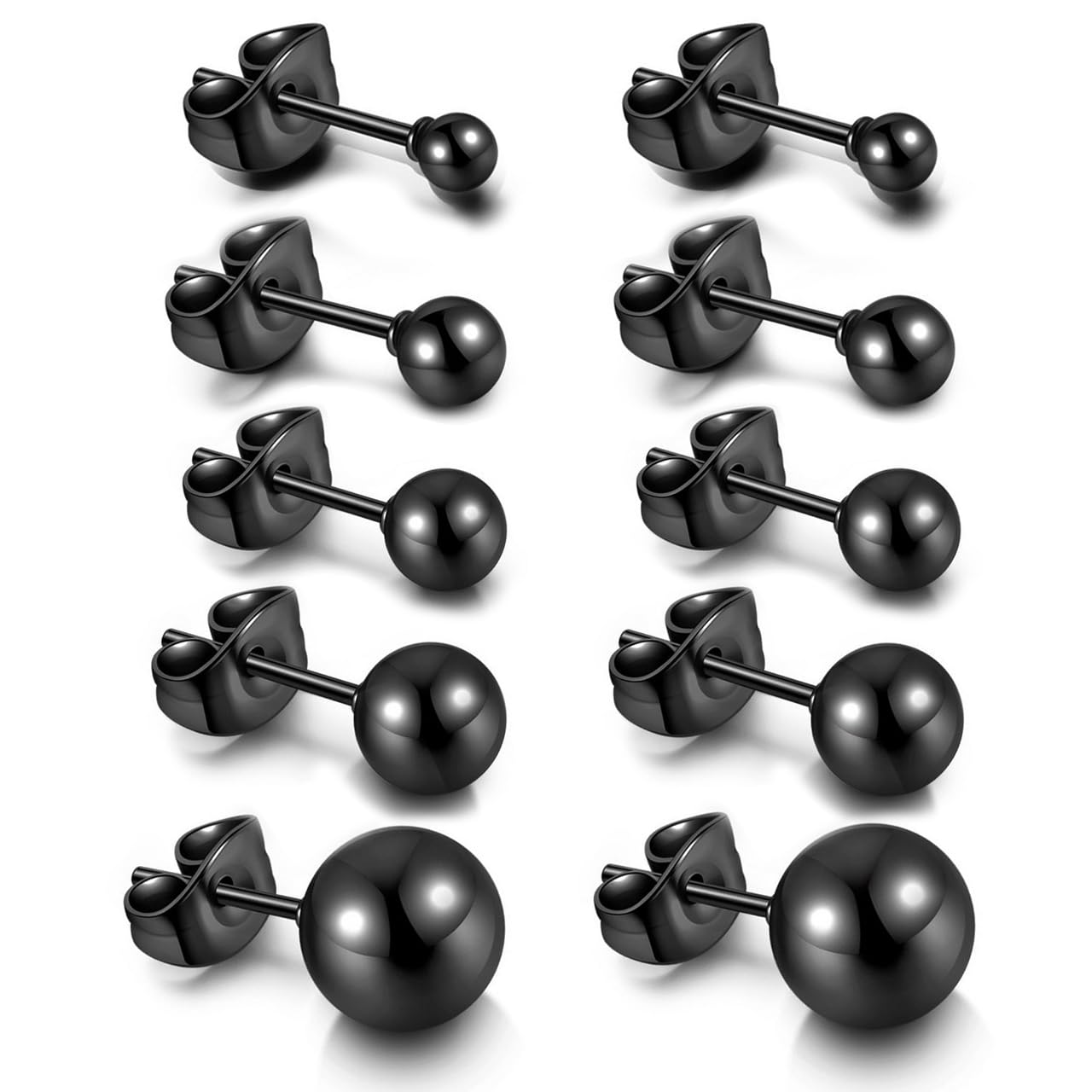 Top Plaza 10Pcs Hypoallergenic Stainless Steel Round Ball Black Earrings for Men Women Studs Earring Set 3mm-8mm(Black)