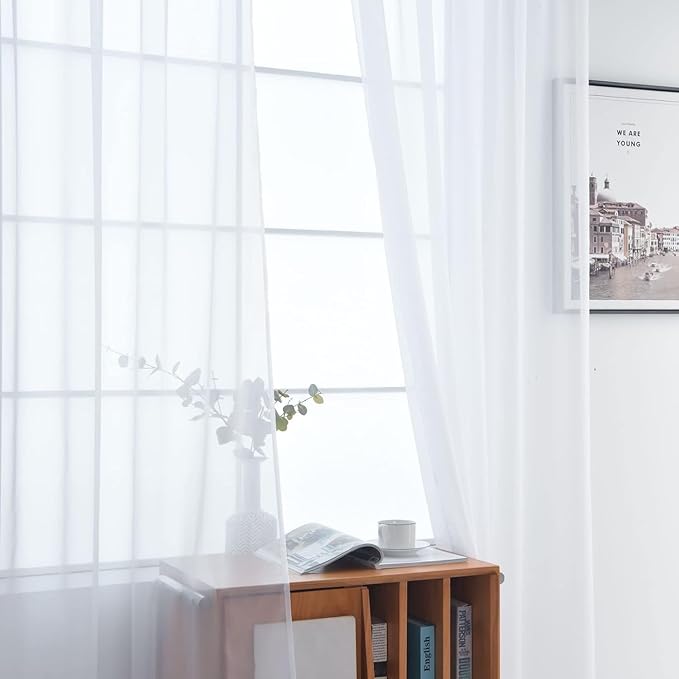 SpaceDresser Sheer White Curtains 4 Panels Rod Pocket Semi-Sheer Curtain 45 Inches Long Light Filtering Voile Window Drapes for Bedroom Living Room Kitchen, Each 52W x 45L