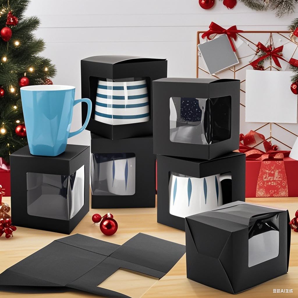 AVLA 50 Pack Mug Boxes for Gifts, Black Sublimation Mugs Packaging Box, 11oz 12oz 15oz Coffee Mugs Boxes with Window for Wrapping Birthdays Wedding Anniversaries Christmas
