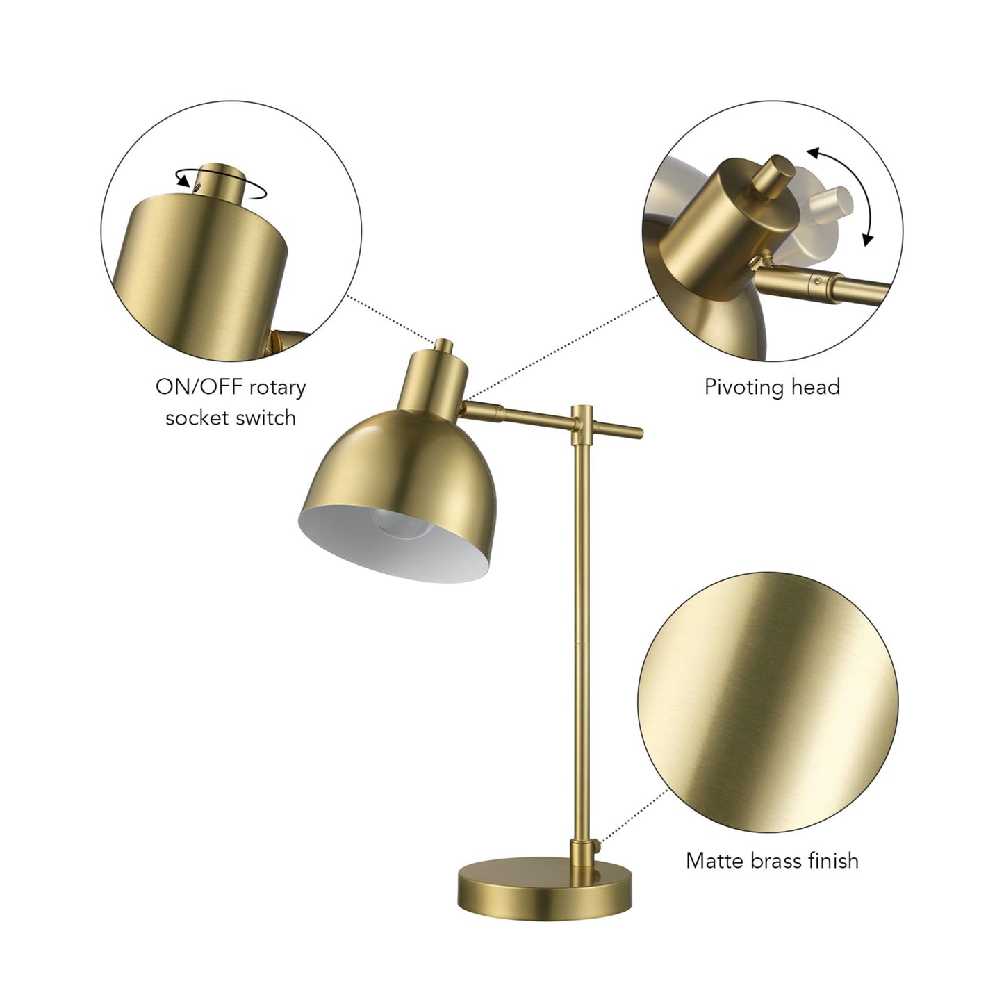 Globe Electric 61000058 18" Desk Lamp, Matte Brass Finish, Metal Shade, Adjustable Pivot Joint, Rotary Switch, Modern Lighting for Bedroom or Office, Timeless, Lights for Home, E26 Base