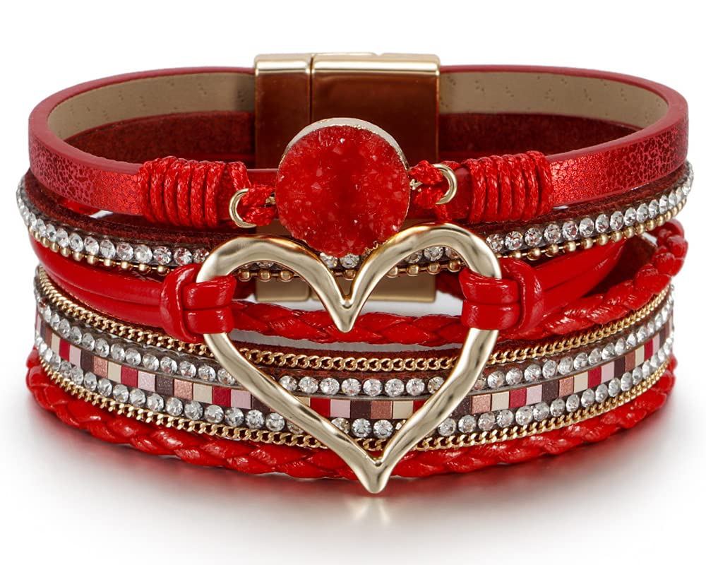 Leopard Bracelet for Women, Boho Leather Wrap Multi-Layer Pearl Crystal Bracelet Bangle Jewelry (Heart Leather(Red))