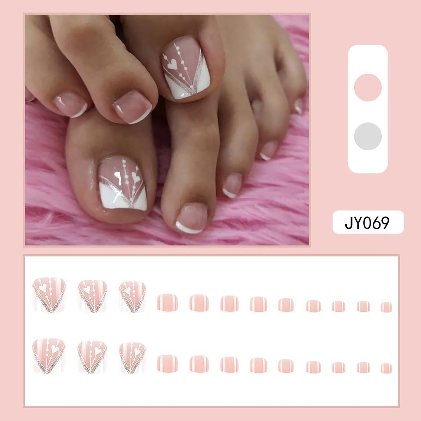 Vezocim Press on Nails with French Tips and Heart Designs, 24Pcs Artificial Nude Fake Nails for Toe, Glossy Full Cover Square Acrylic False Toenails, Press ons Toenails with Charm for Women