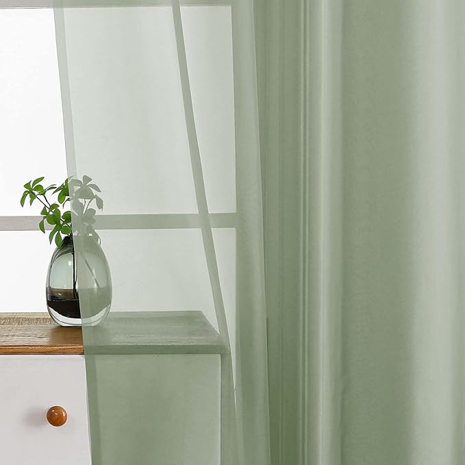 Sage Green Window Sheer Curtains 45 Inches Length, Voile Short Curtains for Living Room Bedroom, Modern Soft Window Drapes 2 Panels Set, Top Dual Rod Pocket Design, 2x42Wx45L Inches