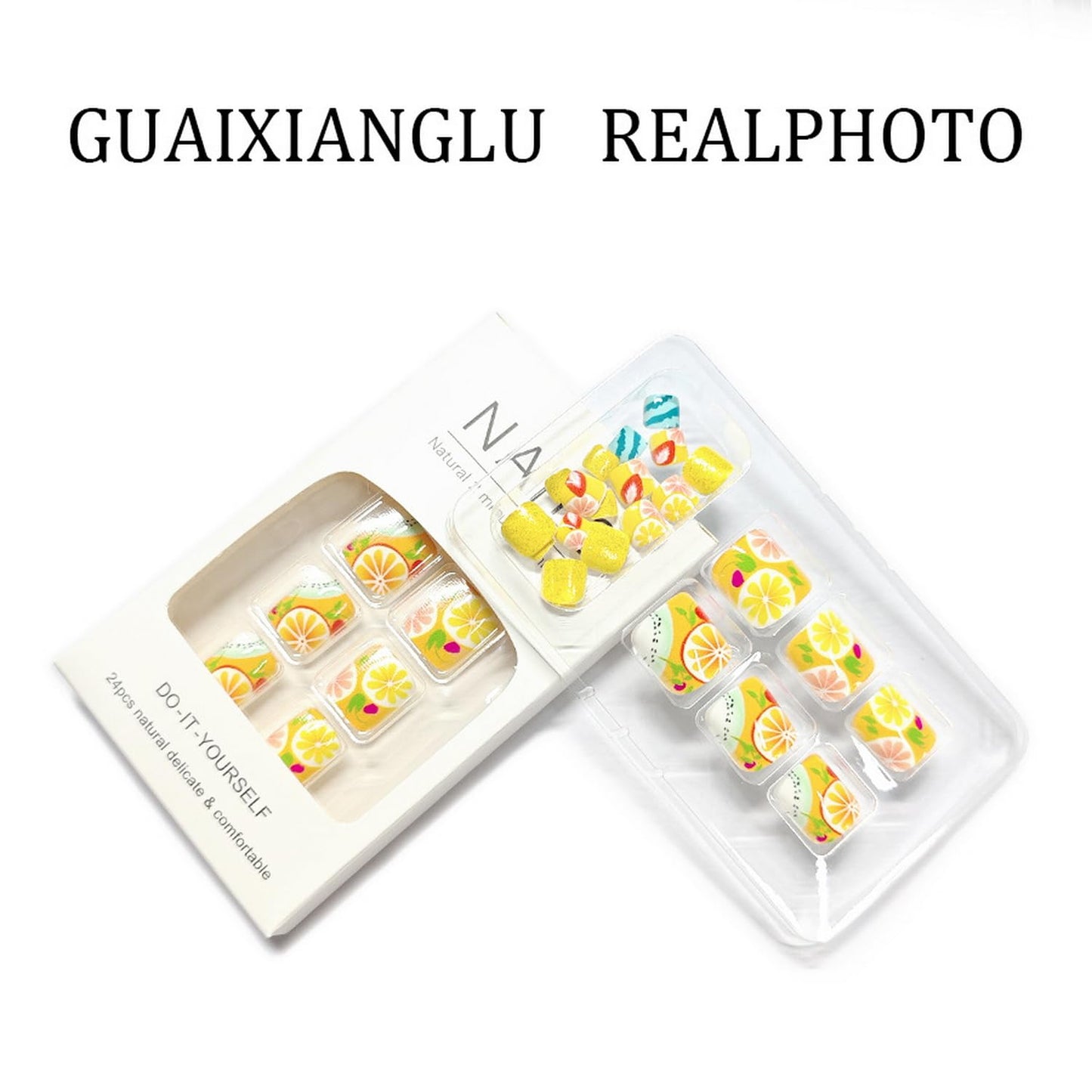 Summer Press on Toenail Short Square Fake Toenails Full Cover Yellow Press ones with Lemon Fruit designs Hawaii False Toenails Cute Artificial ToeNail for Women Beach Manicure Kit24pcs