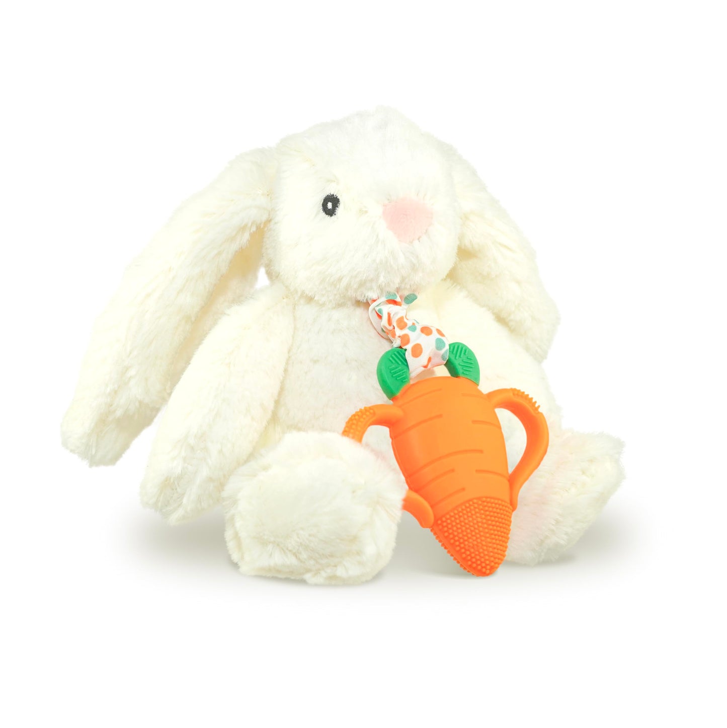 RaZbaby Bunny Snuggly w/Carrot Teething Relief Toy – Soothes Sore Gums w/Nature-Inspired Texture, 100% BPA-Free Silicone Teether, Soft Minky Stuffed Animal – All Ages
