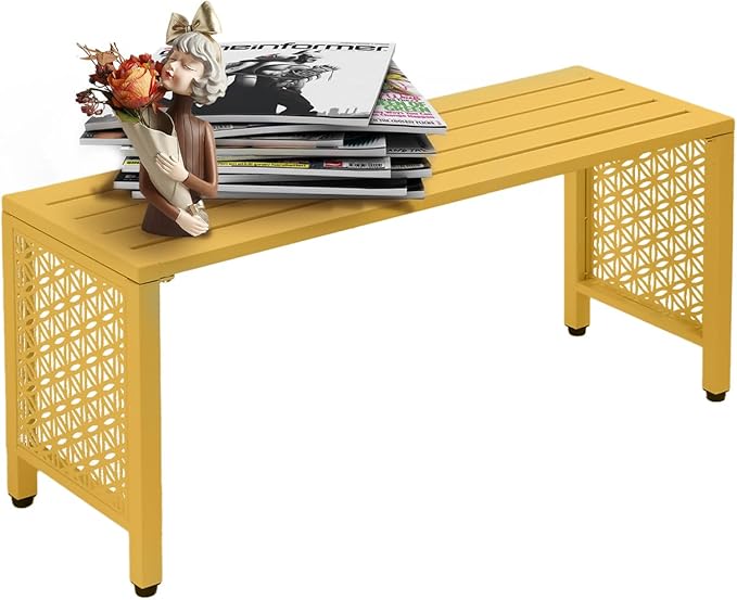 VINGLI 40in Outdoor Metal Bench, All-Weathe Backless Patio Bench with Slatted Seat＆Floral Side Panels, Rust-Resistant Garden Bench, Weatherproof Outdoor Seating for Porch Entryway Backyard (Yellow)