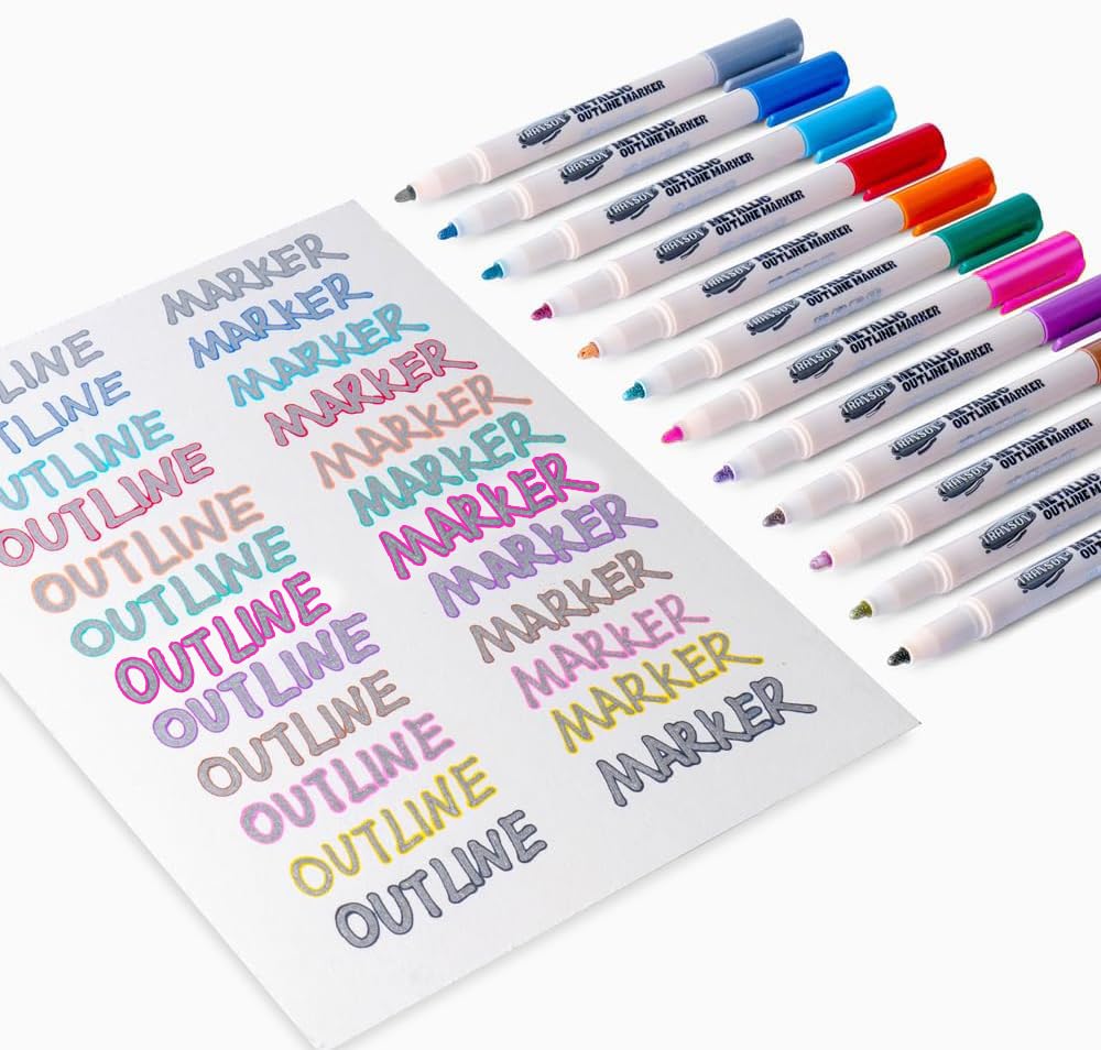 TRANSON 12pcs Outline Shimmering Markers with Metallic for Fun Art Drawing Craft DIY