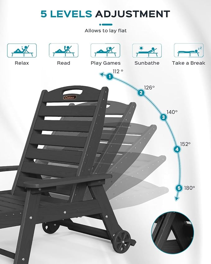 Outdoor Lounge Chair Set of 4, All Weather Patio Chaise Lounge Chair for Outside, HDPE Chair with Rolling Wheels & Cup Holder, 5 Position, Deck, Pool, Black