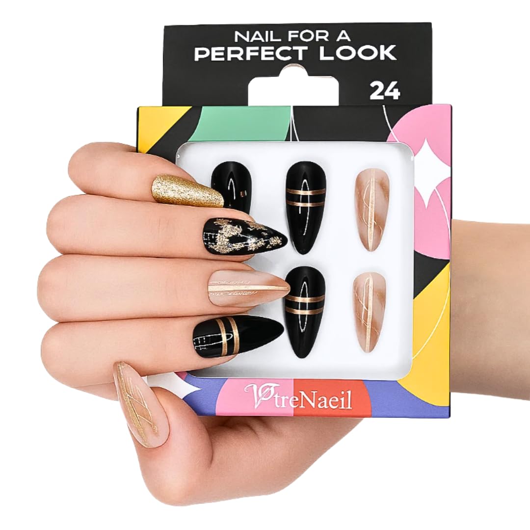 Votrenaeil Press On Nails - Midnight Glam | No Glue Short Almond Black & Nude Nails with Gold Chrome Accents - 24 Pcs Nail Kit with Adhesive Tabs