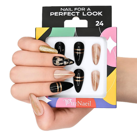 Votrenaeil Press On Nails - Midnight Glam | No Glue Short Almond Black & Nude Nails with Gold Chrome Accents - 24 Pcs Nail Kit with Adhesive Tabs