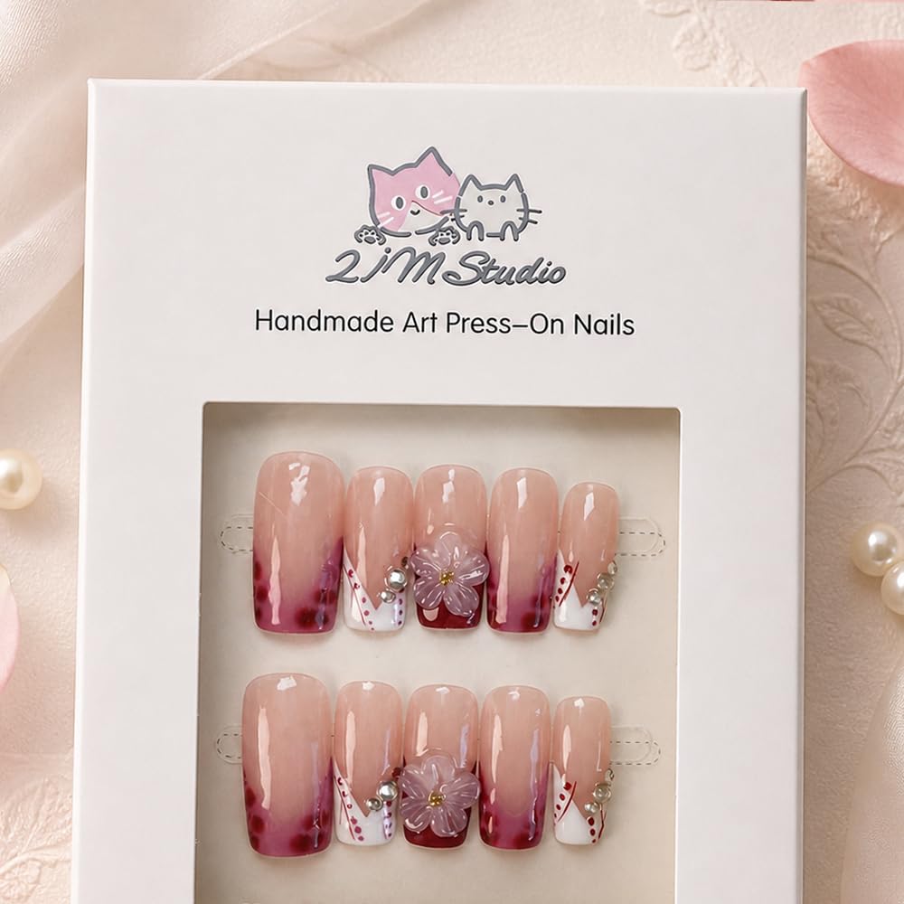 2IM Studio Handmade Press On Nails – 10 Piece Soft Gel Nail Kit with Glue & Tool Set, Reusable Artisan Nails, Salon-Quality Finish (Cherry Veil-M)