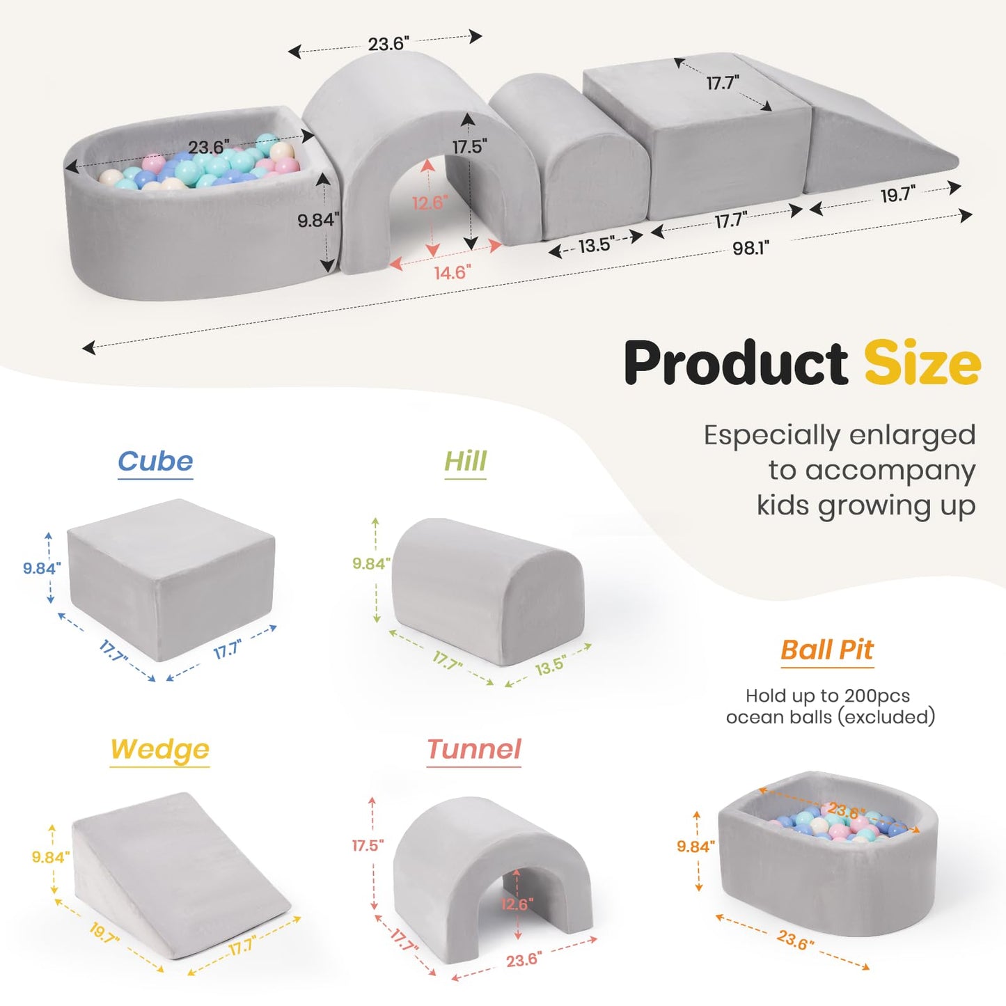 Rinnebbit Foam Climbing Blocks for Toddlers, 5-Piece Tunnel Climber and Crawl Playset, Indoor Activity Play with Ball Pit, Machine Washable Velvet Cover, Soft Climbing Toy for Kids 1-3 (Gray)