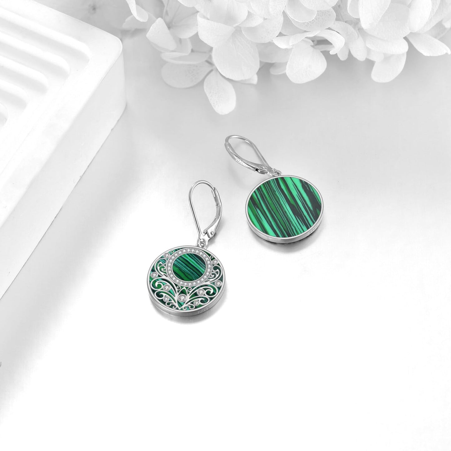 Malachite Drop Earrings Sterling Silver Filigree Leverback Earrings Green Circle Dangle Jewelry Gifts For Women