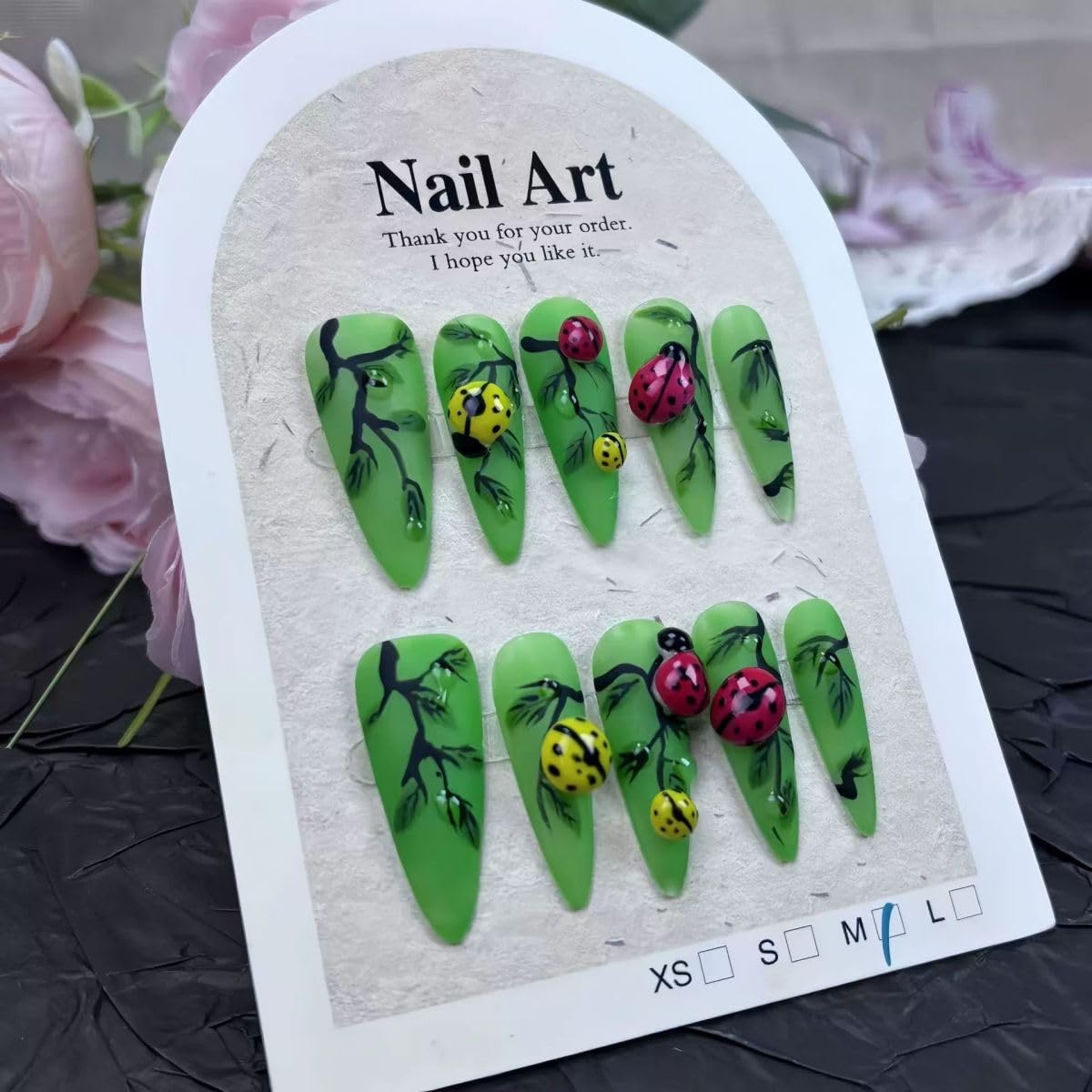 Threelegscat Green Handmade Press on Nails Long Acrylic Nails with Leaves and Insects Pattern Designs for Women and Girls Size L 10pcs