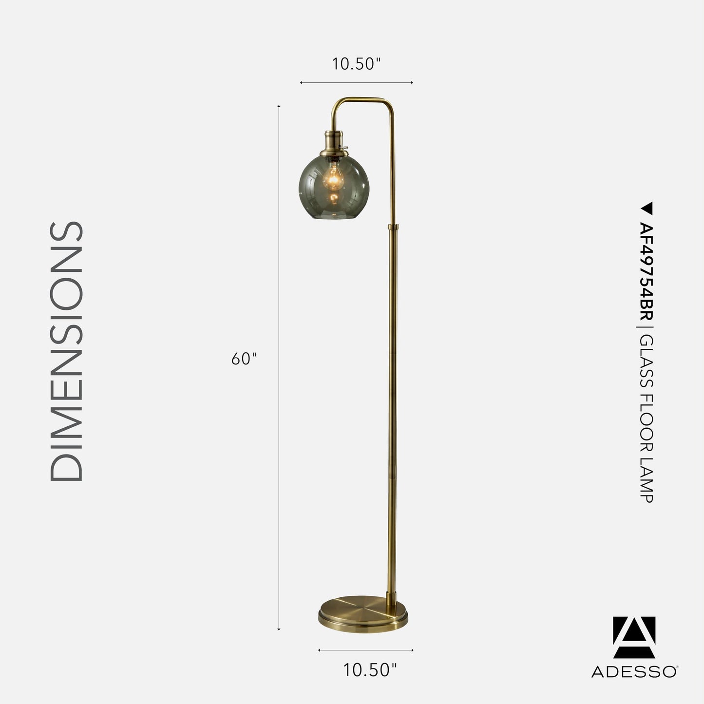 Adesso Globe Smoked Glass Floor Lamp with Antique Brass Finish – 60” Tall, Compact 10.5” Wide Base