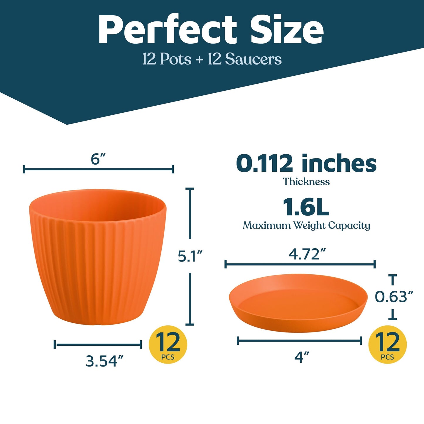 Yellow 6-Inch Plant Pots with Drainage & Saucers 12 Pack, Indoor & Outdoor Planters for Houseplants, Herbs, and Flowers, Durable & Weatherproof Material, Stackable, Lightweight, Minimalist Design