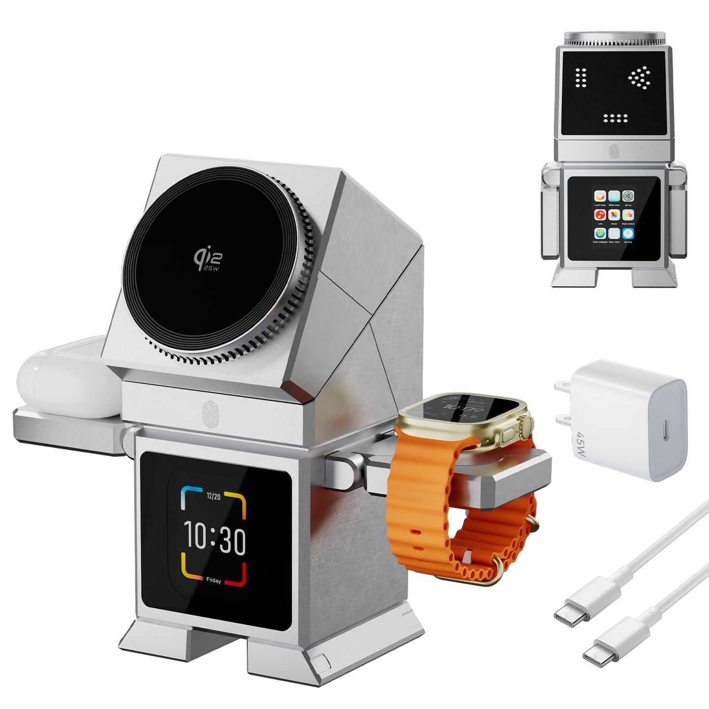 7-in-1 Robotic Wireless Charging Station with LCD Touch Screen, Bluetooth 5.3 Speaker, Alarm Clock, Qi2.2 25W Magnetic Rotating Fast Charging Dock for iPhone, iWatch, AirPods, 45W Adapter (Silver)