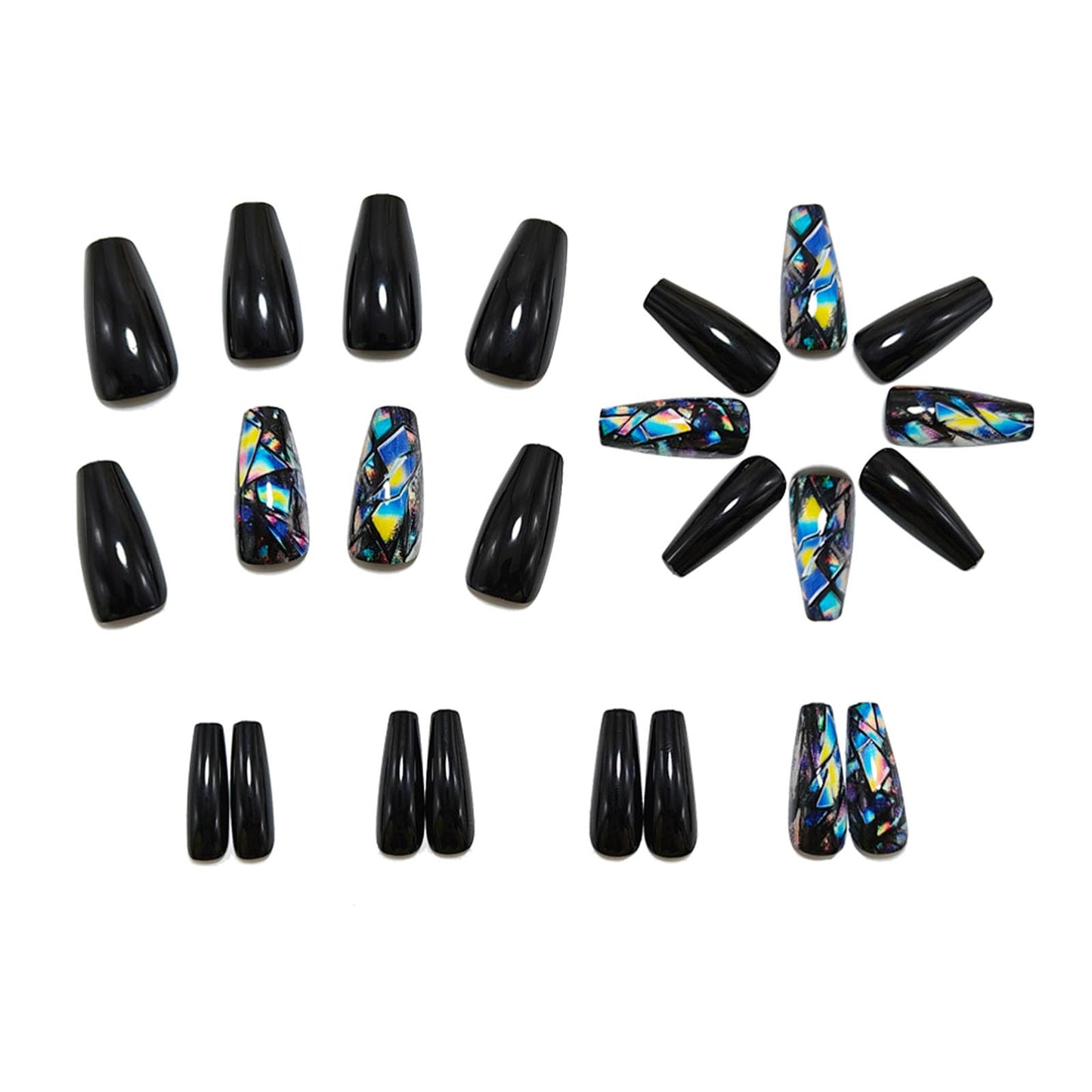 Medium Press on Nails Coffin Fake Nails with Blue Yellow Lines Designs Glossy Nails Press ons Black Full Cover Glue on Nails Acrylic Artificial Stick on Nails for Women 24Pcs