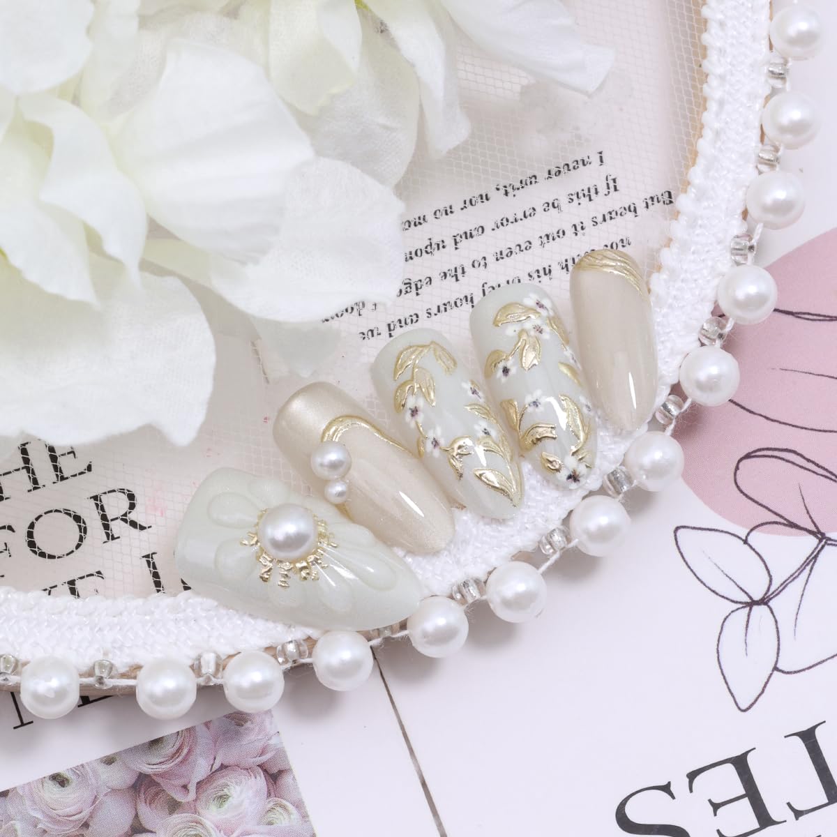 30Pcs Handmade Press on Nails Medium Almond Shape 3D Flower Fake Nails with Chrome Gold Foil Leaves Pearl Designs Nude White Shiny Acrylic Nails Reusable Full Cover Artificial False Nails for Women