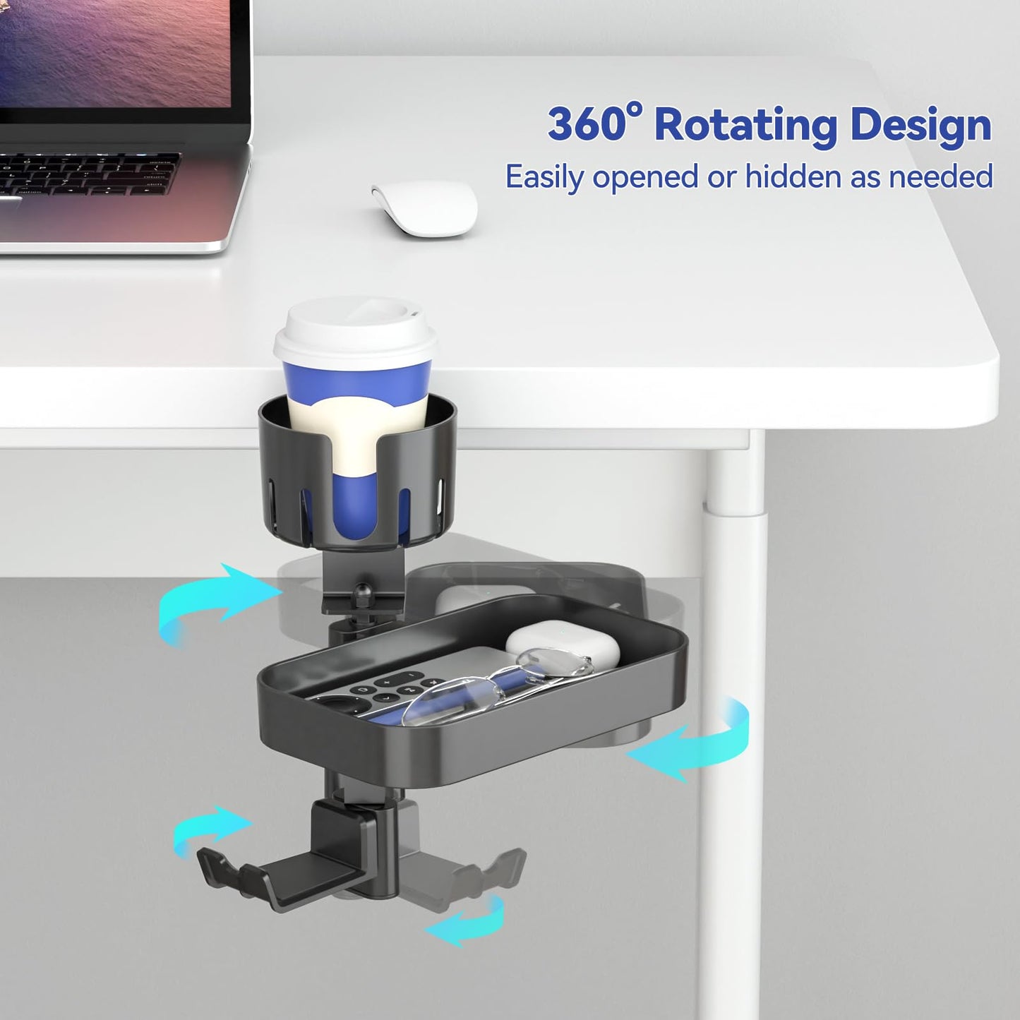 KDD Desk Cup Holder with 2 Headphone Hook - Rotating Pencil Holder & Detachable Drawer Tray - Clamp on Under Desk Headphone Holder Hidden Storage for Office School Home Accessories