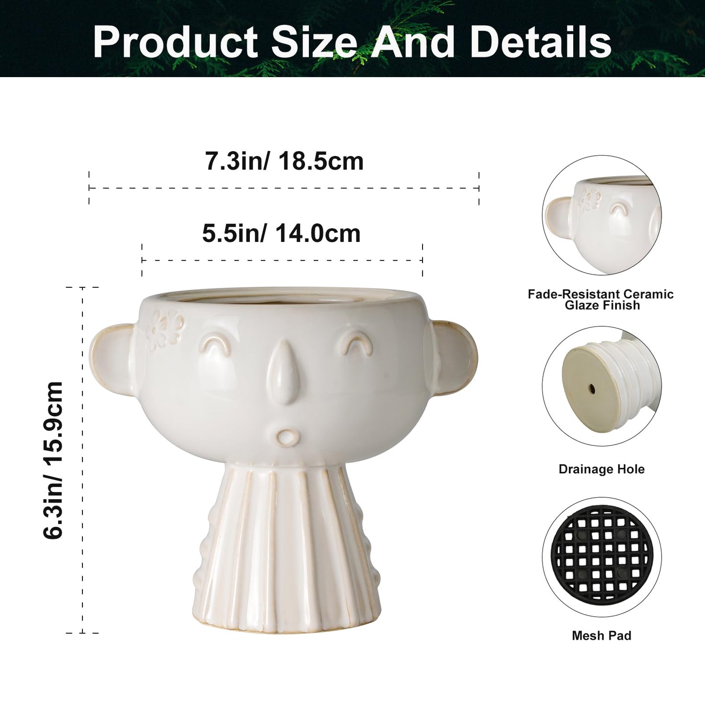 Fivepot Face Planter Pot 7 Inch - Cute Ceramic Flower Head Planter for Indoor Outdoor Succulent Pot with Drainage Hole Flower Pot Present for Mother Christmas White
