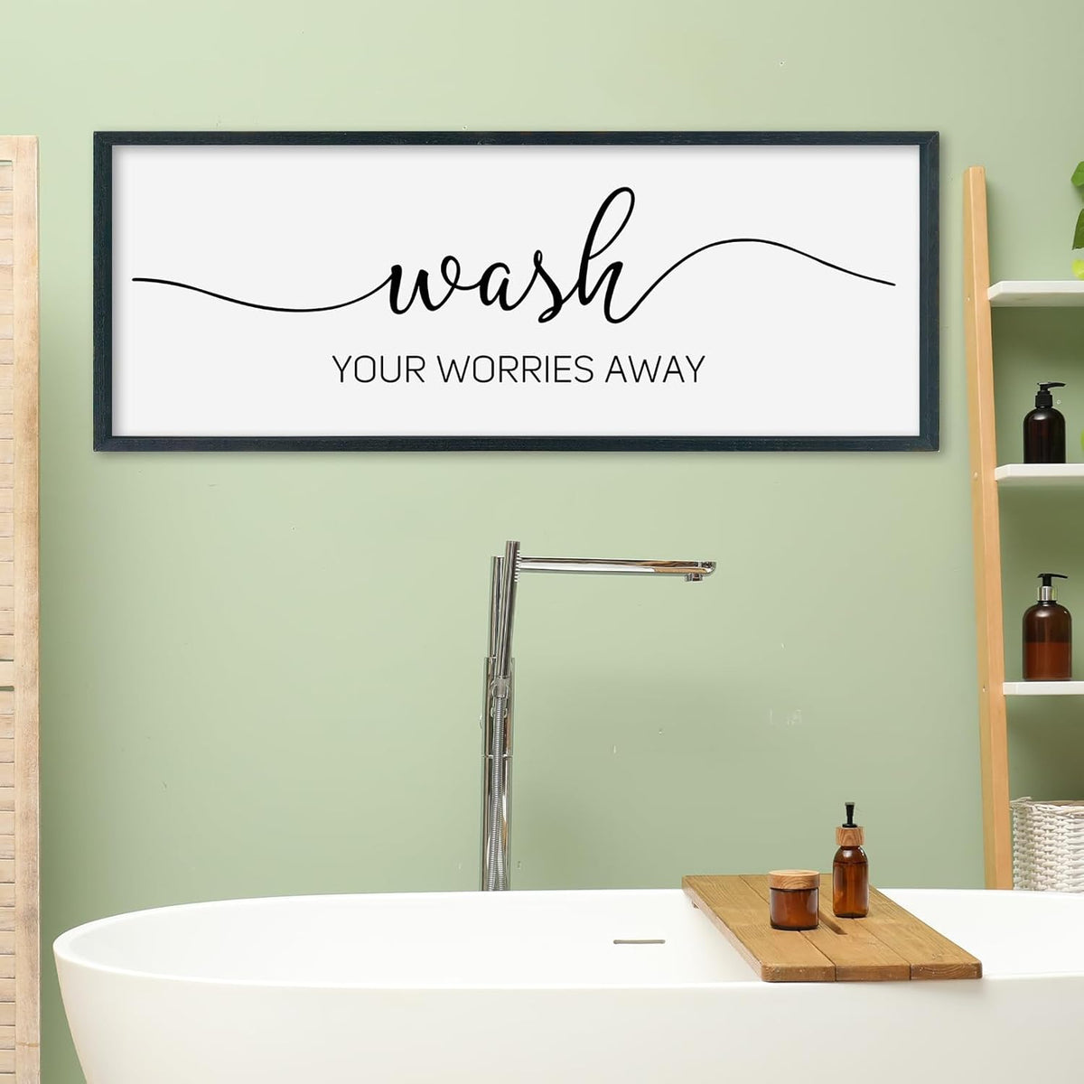SRSZHIYUE Wash Your Worries Away Bathroom Sign Wall Art 32"×12" Funny Restroom Toilet Large Wood Framed Hanging Decor (Black)