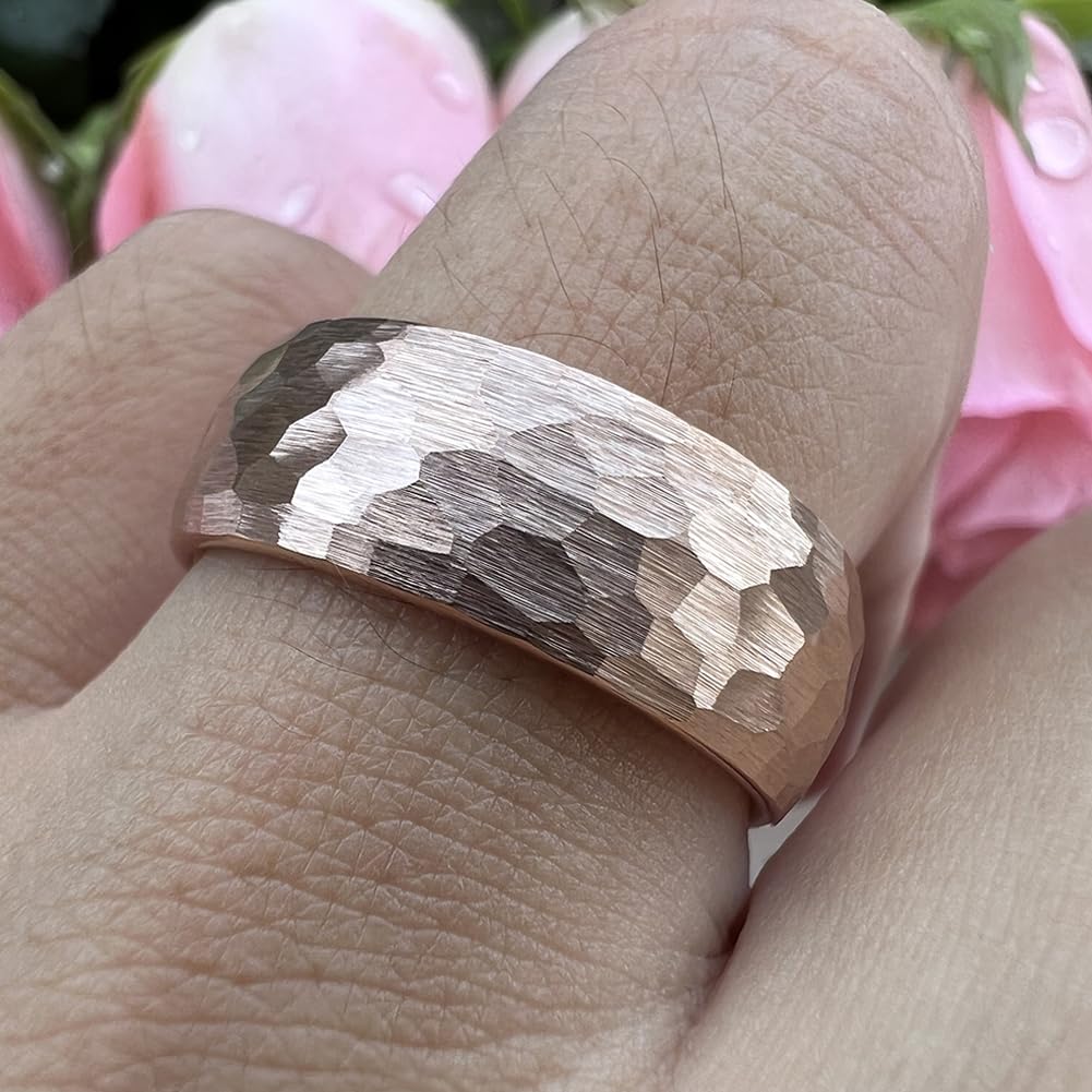 TUTISS 8mm Rose Gold Hammered Tungsten Rings for Men Women Engagement Wedding Bands Domed Matte Finish Comfort Fit Size 8