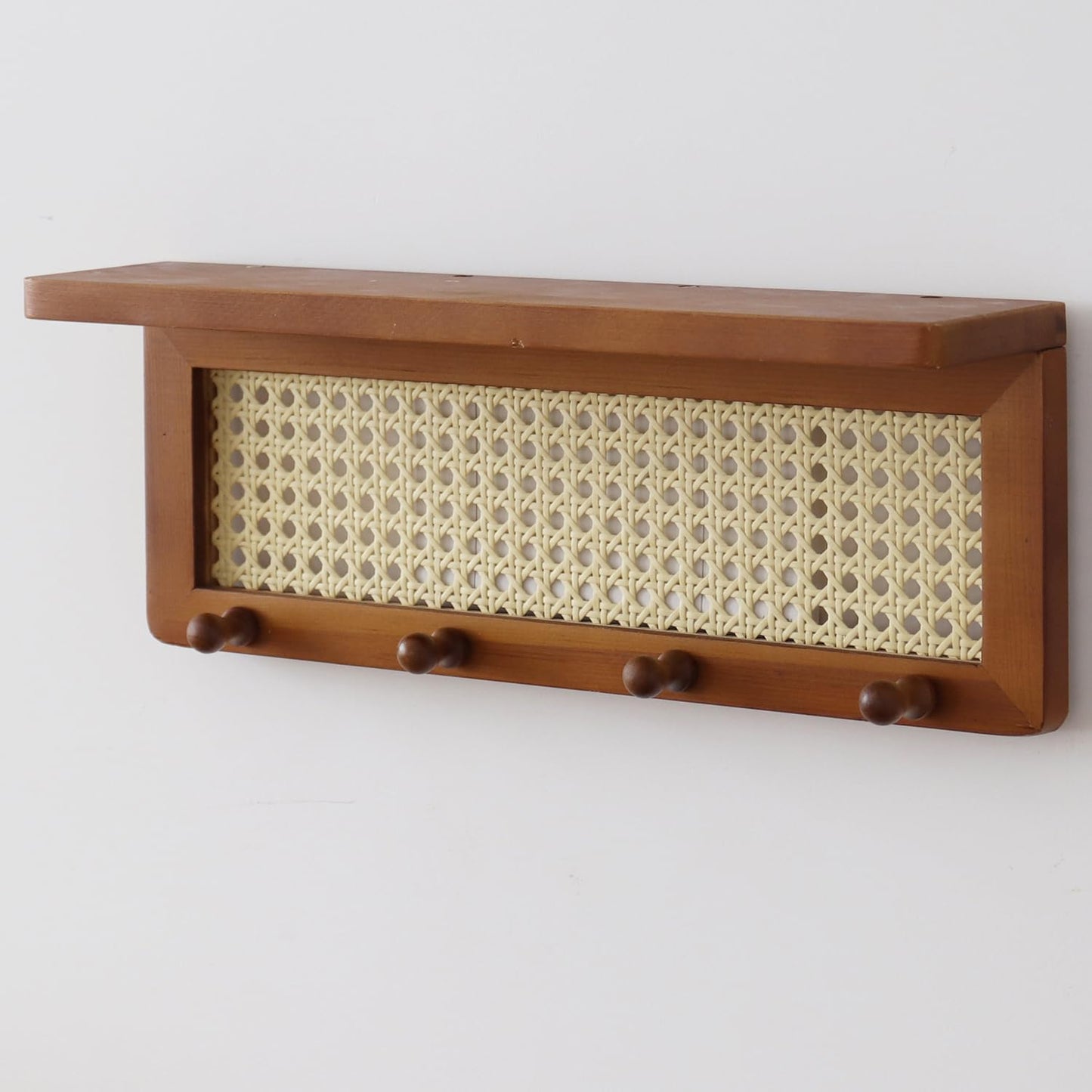 FRIADE PE Rattan Key Holder with 4 Key Hooks ,Wall Mounted Decorative Floating Shelf for Entryway,Nursery,Mudroom, Hallway, Office (Retro Brown)