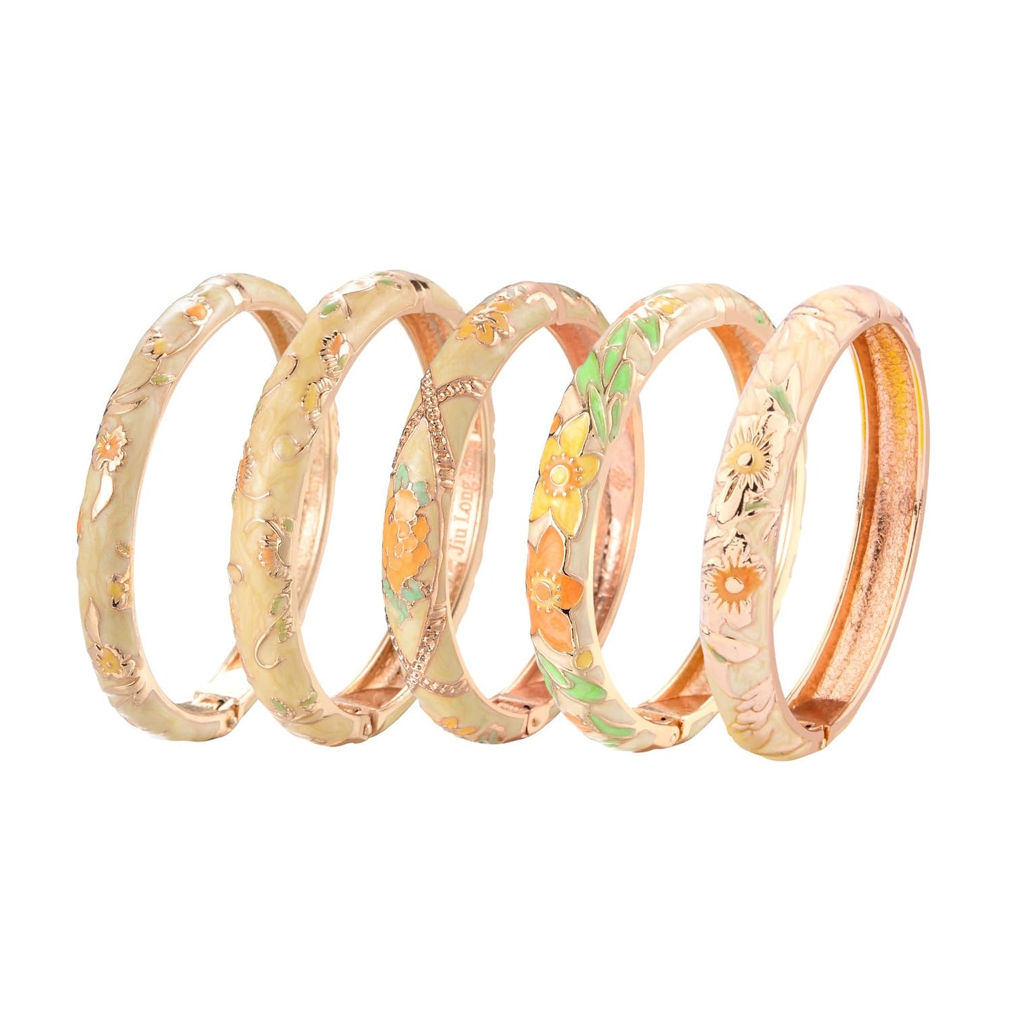 UJOY Bangles 5 Pcs Enamel Jewelry Set Rose Flower Engraved Cloisonne Bracelets Pack in a Box 5PCS Cream Yellow