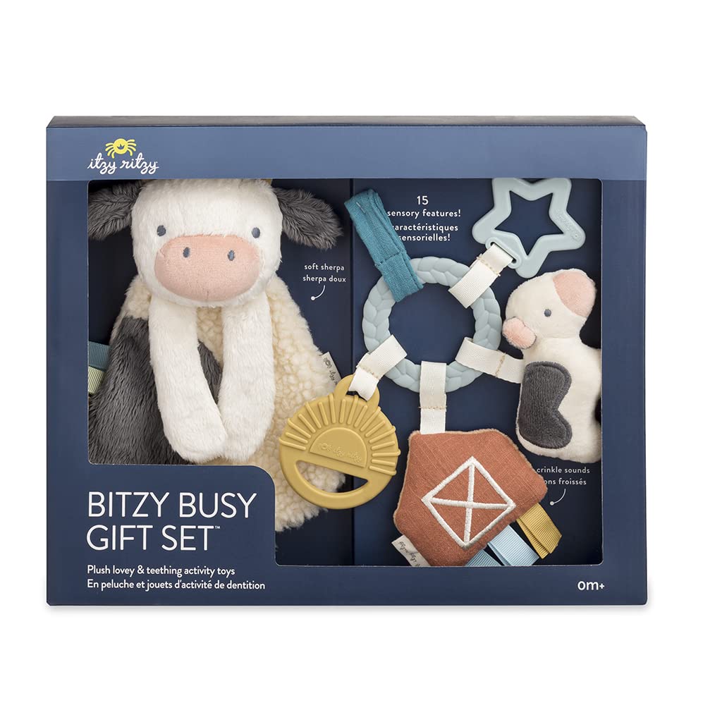 Itzy Ritzy Farm Toy Gift Set with Cow Lovey, Teether, Crinkle & Bitzy Busy Ring for Car Seat and Stroller