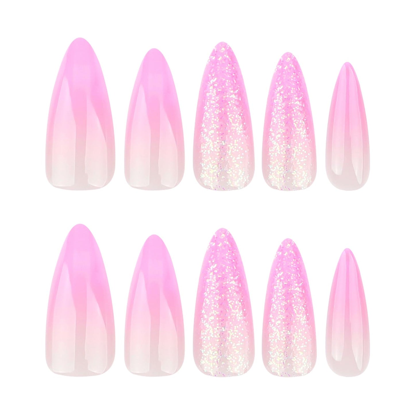 MISUD Press on Nails - Long Stiletto Glue on Nails with Pink Ombre, Acrylic Bling Glitter Design 24 pcs