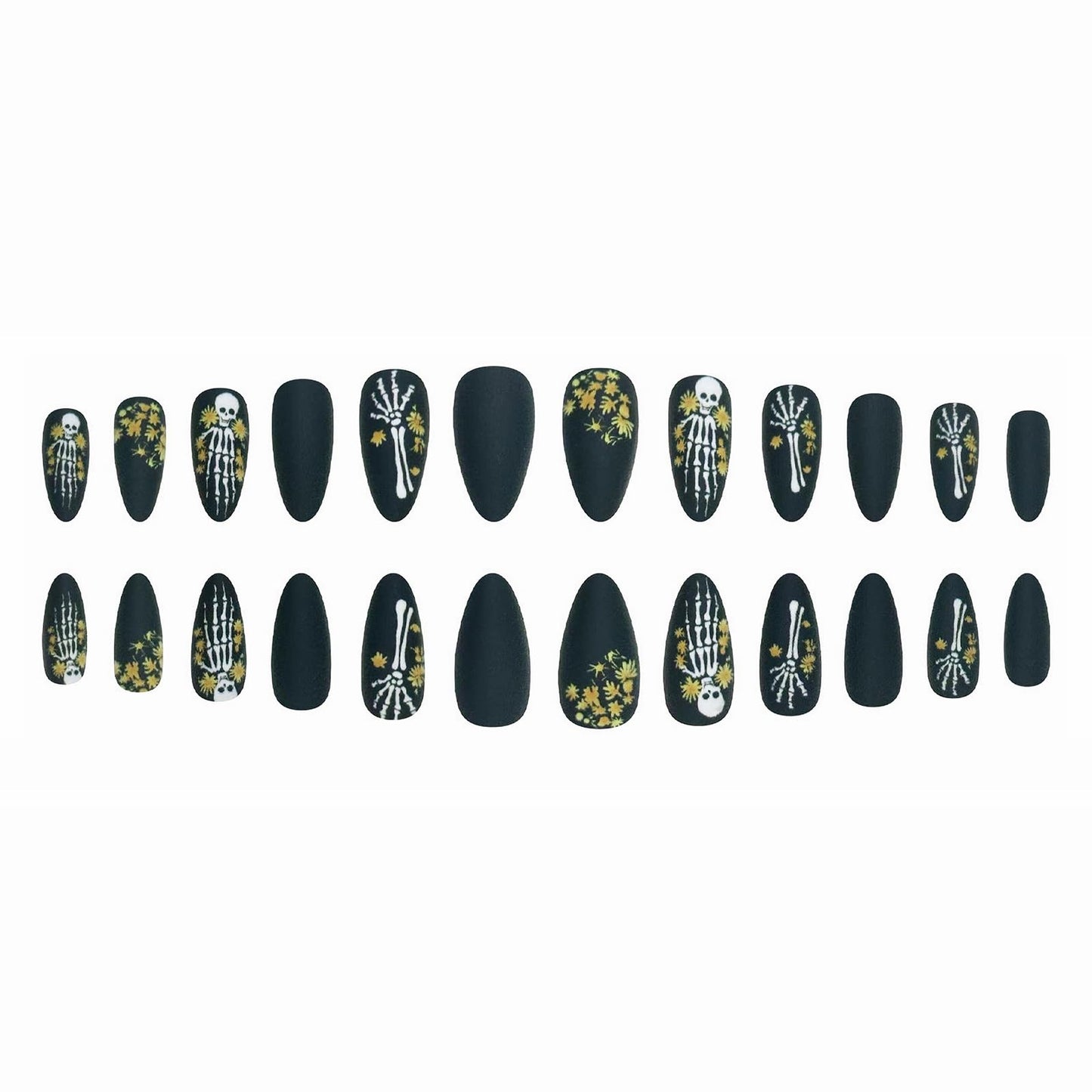 MISUD Press on Nails - Medium Almond Glue on Nails with Goth Black, Acrylic Gothic Skull Design 24 pcs