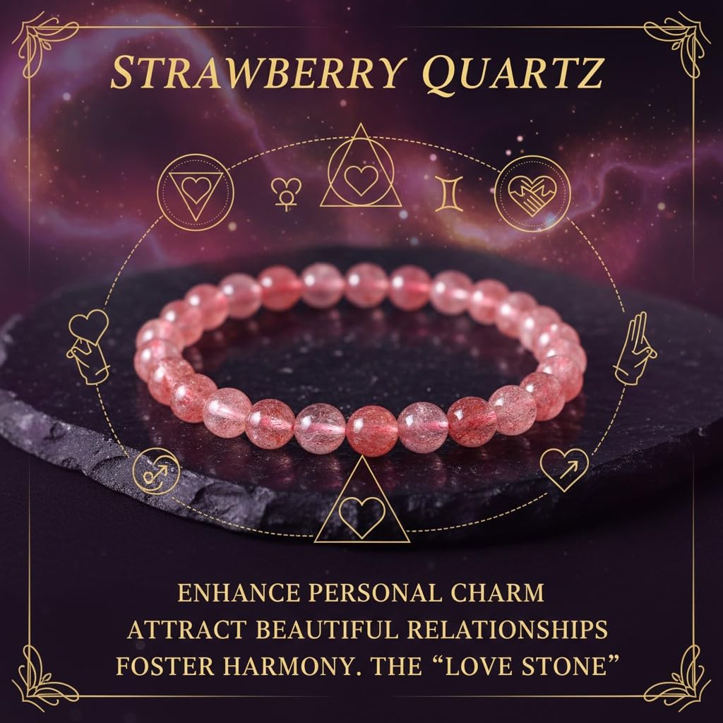 The Vida Handmade AAA+ Quality Crystal Stretch Elastic Bracelet - Nature Gemstone - Jewelry Gift - Holiday Gift - For Women & Men (Strawberry Quartz)