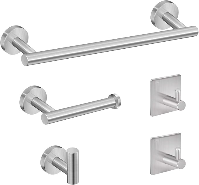 5-Pieces Bathroom Hardware Set Brushed Nickel SUS304 Stainless Steel Round Wall Mounted - Includes 24" Hand Towel Bar, Toilet Paper Holder, 3 Robe Towel Hooks, Bathroom Accessories Kit