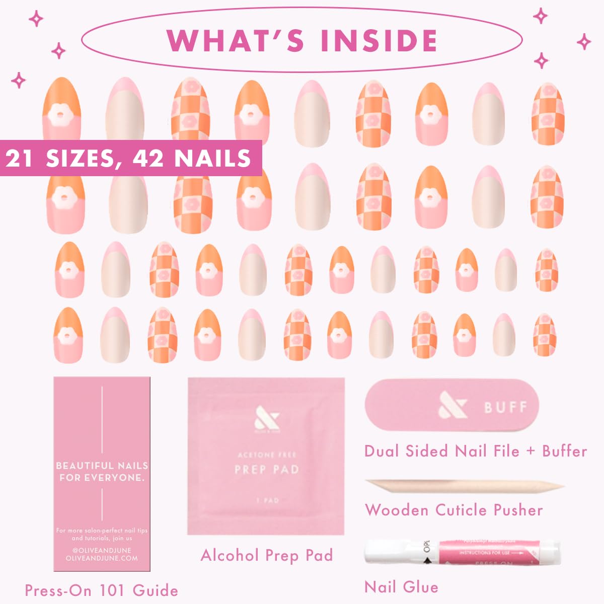 Olive & June Maximalist Instant Mani Press-On Nails (Glue) | 42 Fake Nails, 21 Sizes | Non-Toxic, Long-Lasting Big, Bold Gorgeous Realistic Look | Medium, Almond | Chrome Flower Mixed Pack