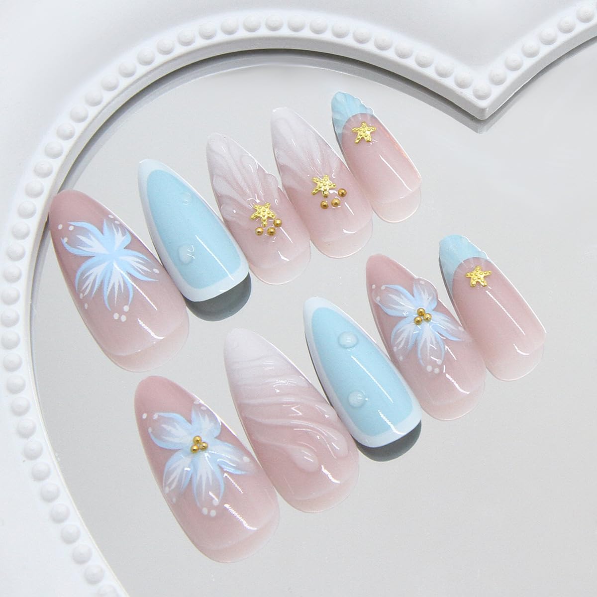 Mkwntg 24Pcs Blue Summer Press on Nails Medium Almond Fake Nails with 3D Gold Beads Starfish Design Ocean Beach French Tip Acrylic False Nails Spring Flower Full Cover Stick on Nails for Women Decor