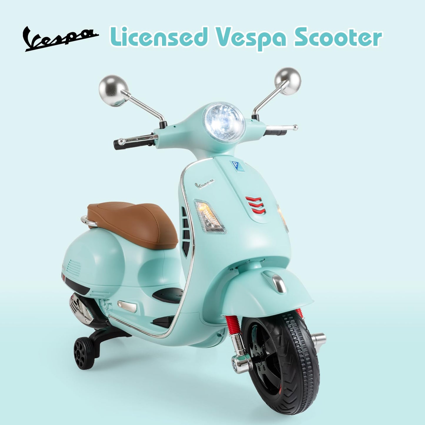 Licensed Vespa Scooter Kids Motorcycle by OLAKIDS, 12V Ride on Electric Motorcycle with Training Wheels LED Lights Music Story Mode Horn (Green)