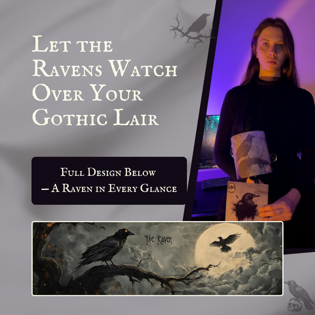 Raven and Crow Table Lamp - Valentines Goth Themed Gifts Lamp – Gothic Desk Lamp with LED Bulb – Nevermore Inspired Edgar Allan Poe Gift for Library or Bedroom - Dark Academia, Witchy, Viking Decor