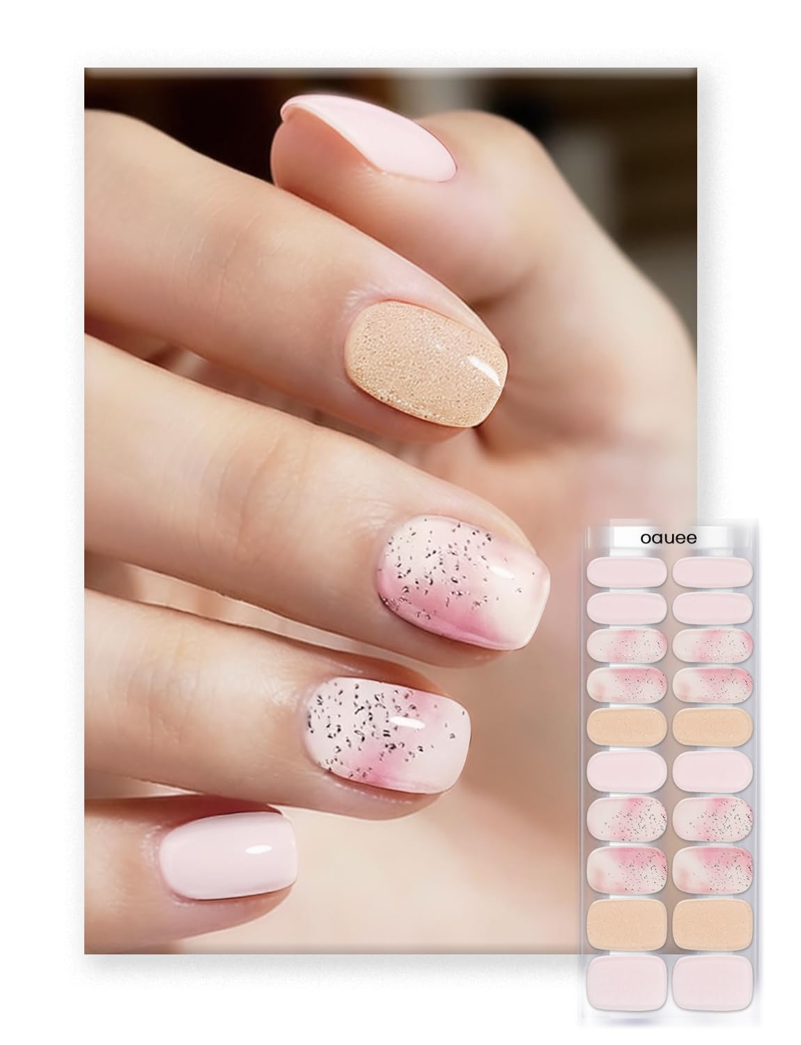 Oauee Semi Cured Gel Nail Strips | Built-In Gel Top Coat | UV Light Required | Salon Quality, Easy Application And Removal (Stardust Marble）