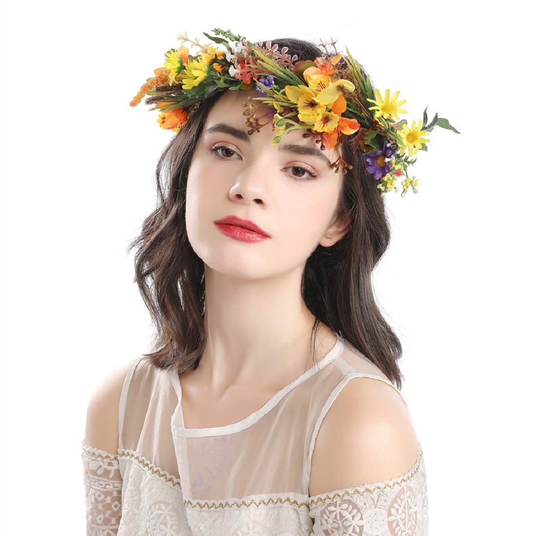 Vividsun Bridal Green Leaf flower Crown Eucalyptus Floral Headband Wedding Festivals Photo Props (A-yellow)