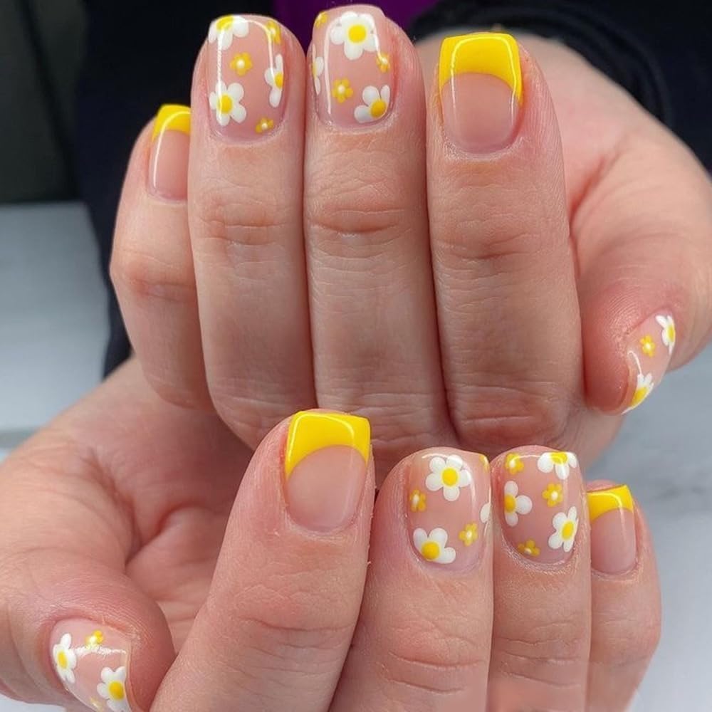 French Tip Press On Nails Short Square Fake Nails Spring False Nails With Flower Design Summer Press Ons Acrylic Full Cover Glue On Nail Stick On Nail For Women Manicure 24pcs